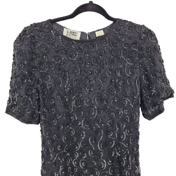 Vintage 80's Niteline Dress Silk Formal Black Swirl Sequin Beaded Short Sleeve 4 - Picture 5 of 11